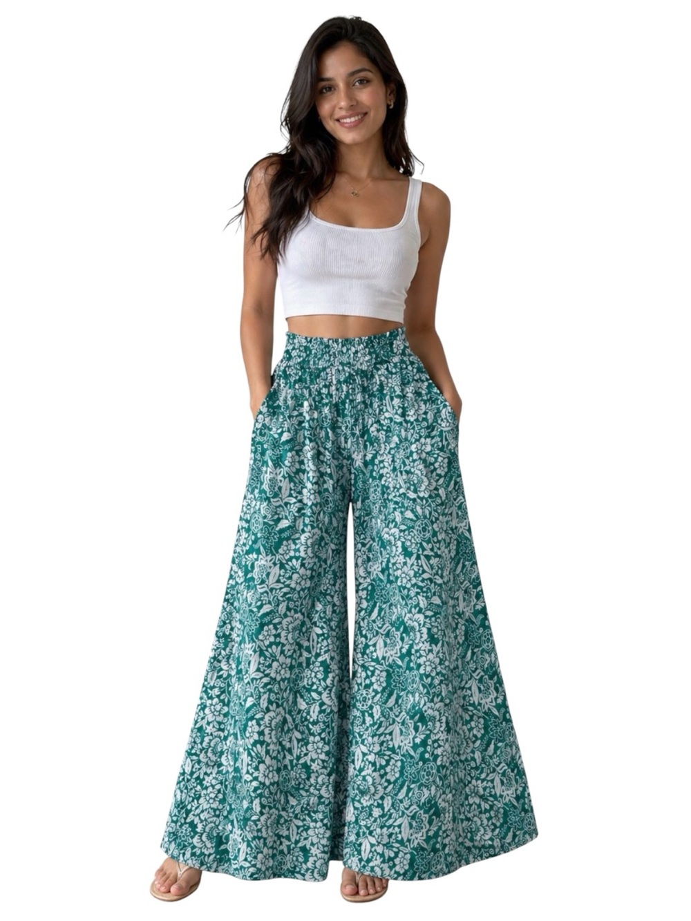 Green White Floral Wide Leg Palazzo Pants Boho Elastic Waist Stretch Resort M